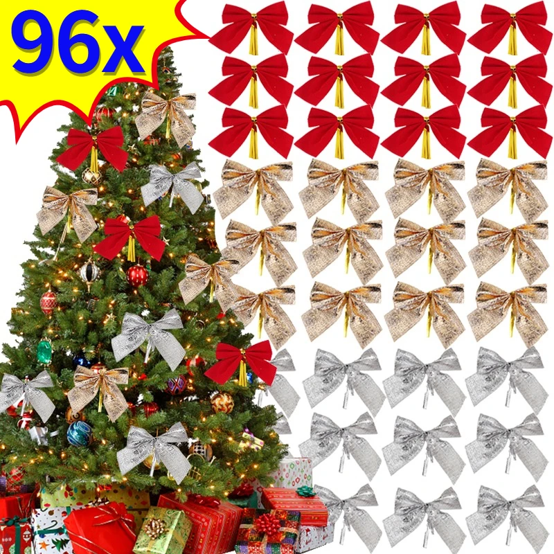 

12/96pcs Christmas Bows Hanging Decorations Christmas Tree Ornaments Gold Silver Bowknot New Year Xmas Party Gift Decor Supplies