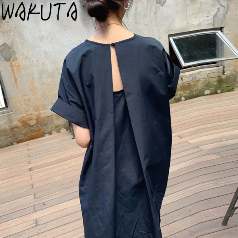 

WAKUTA Backless Drawstring Slim Waist Maxi Dress Summer Casual Short Sleeve Solid Pockets Korean 2024 Vintage Ladies Dresses