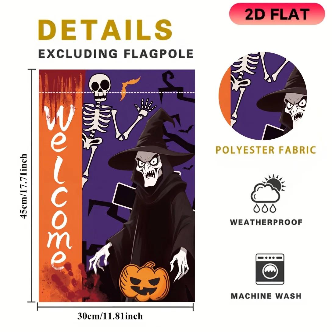 2D Flat Garden Flag 1 Piece, Purple Bottom Skull Welcome Garden Flag, Halloween Celebration Flag, Durable Polyester Material, Very Suitable for Garden, Lawn, Courtyard, Home, Outdoor, Beach Decoration Flag, Halloween Celebration Decoration Flag