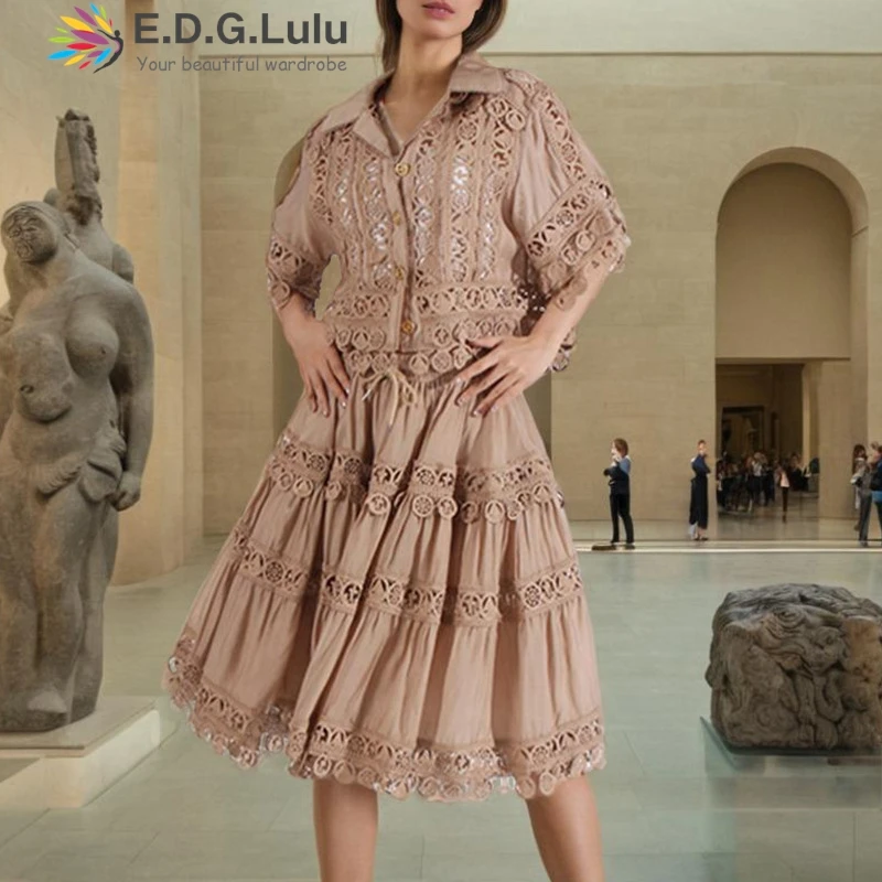 EDGLuLu Women 2 Piece Set Outfit Turn-Down Collar Short Sleeved Shirt+High Waist Mini Skirt Hollow Embroidery Lace Suit 1111