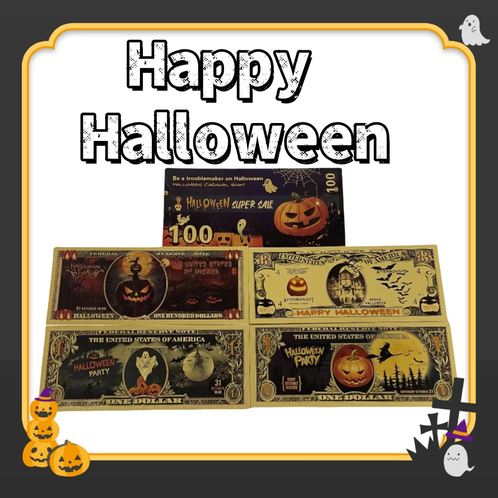 

5 дизайнов Золотая банкнота на Хэллоуин, купюры из золотой фольги, тыквы, домики с привидениями, ведьмы, Золотая открытка, скрытые праздничные сюрпризы для детей