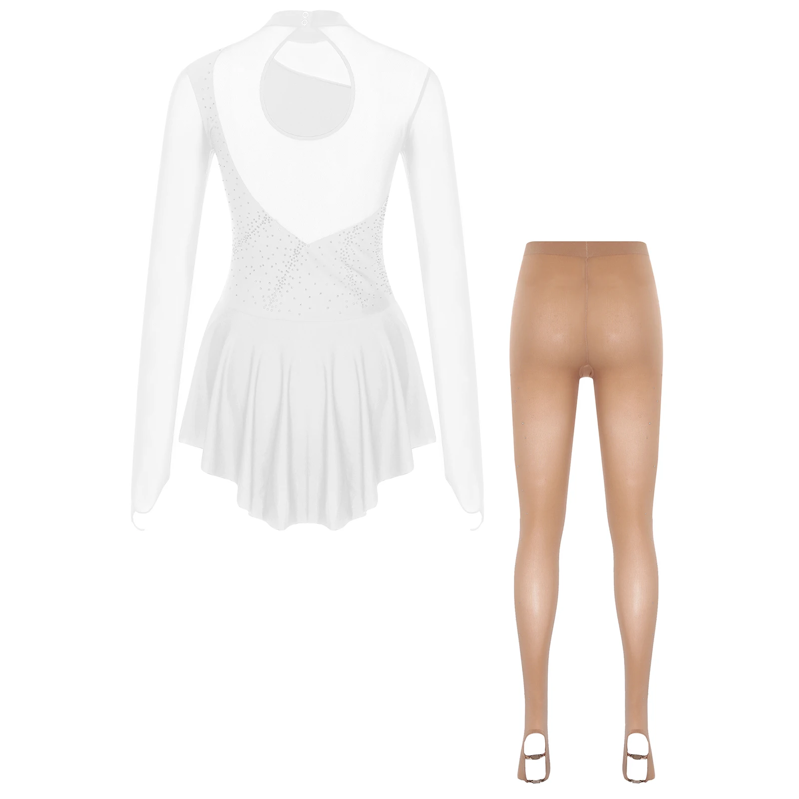 

Women Figure Skating Dance Dress Ballet Lyrical Gymnastics Leotards Set Long Sleeve Rhinestones Dress Glossy Boot Cover Tights