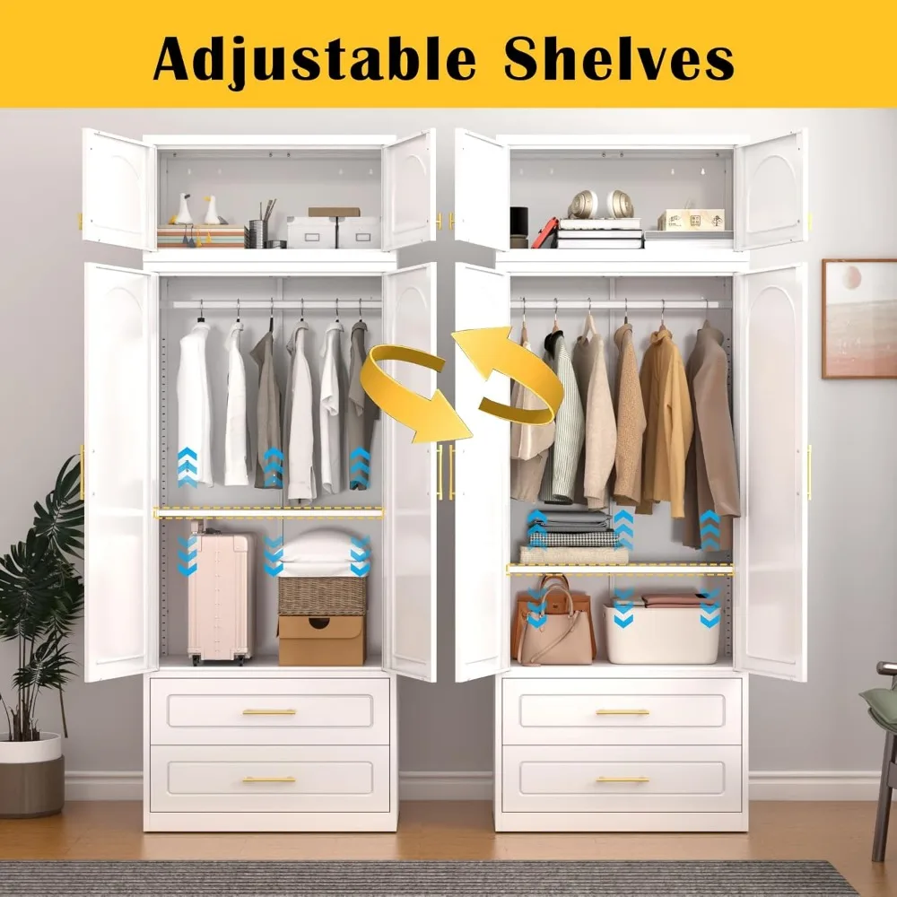 Estantería ajustable, barra colgante, armario de Metal con 2 cajones, gabinete alto de almacenamiento de ropa blanco para el hogar