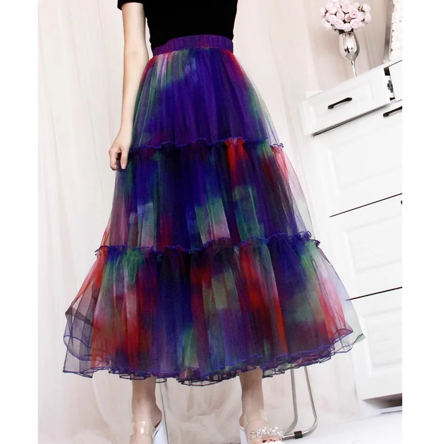 Womens Plus Size Customizable Fashion Fluffy Purple Leopard Mesh Cake Long Maxi Tutu Skirt High Waist Slim Long Skirt 2023