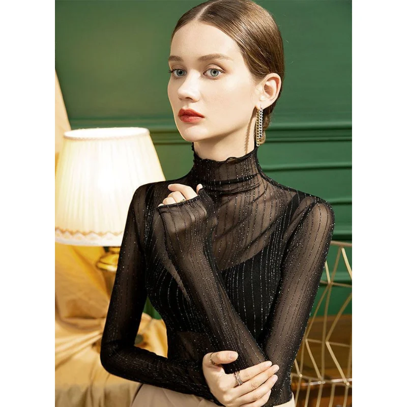 

2024 New High Collar Mesh Bottom Striped Bright Silk Sexy Ultra Light Thin Perspective Overlay Long Sleeve Top for Women