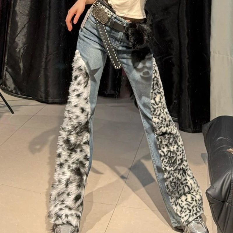 Y2k American Vintage Leopard Bootcut Jeans Full Length Distressed Subculture Denim Punk Slim Zipper Punk Old Waist 2025 Autumn