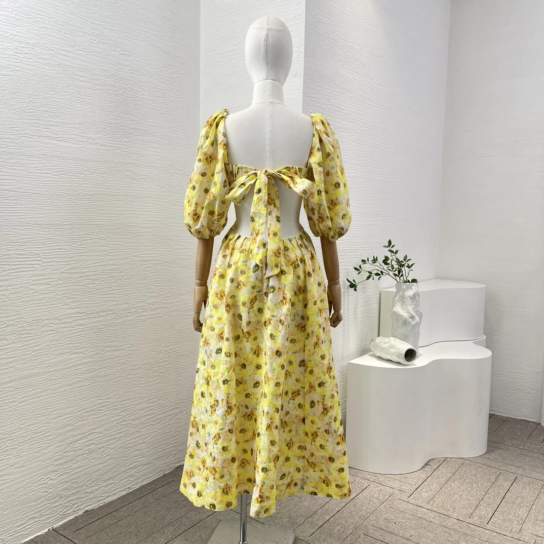 2025年ニューファッション女性服イエロー花柄プリントカットアウトウエストバックレスハーフスリーブスクエアカラーミディドレス