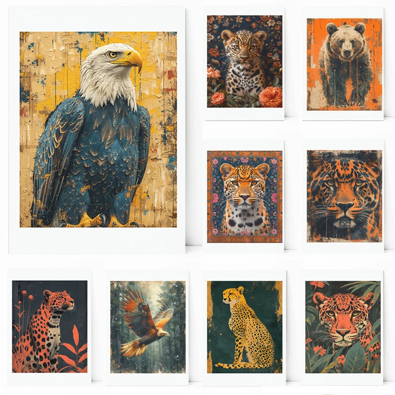 Bohemian Style Animal Portrait Jungle Adventure Bear Eagle and Jaguar Posters Canvas Printing Wall Art for Living Room Decor