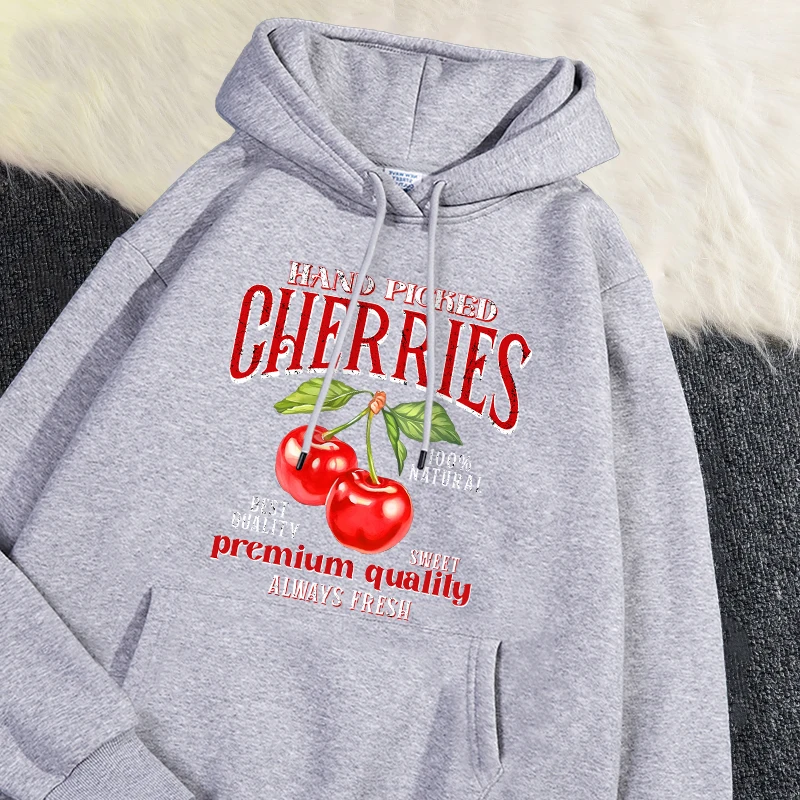 Casual Womans Hoodies Hand Picked Cherries Printing Sweatshirt Soft Breathable Loose Pocket Pullover Autumn Winter Streetwear