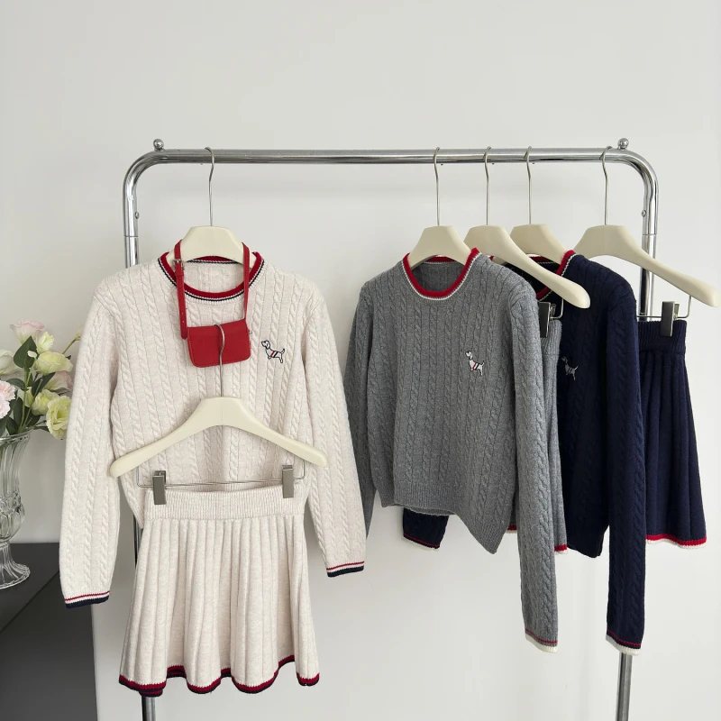 Conjuntos de moda para mujer, cárdigan de mezcla sólida de estilo coreano, Tops informales de punto sueltos, faldas plisadas de cintura alta, novedad de otoño 2024