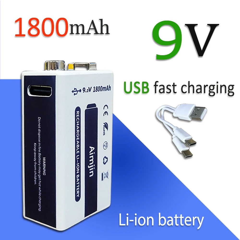 

9V New 100% Original 1800mAh Fast Charging Li-ion Battery USB TYPE-C For Microphone, Toy Remote Control,Alarm+Data Cable