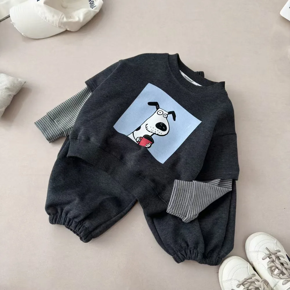 Kids Fake Two‑Piece Sweatshirt Sets 2026 Autumn Boys Girls Cartoon Print Striped Long Sleeve Top+Pants 2PCS Children Tracksuit