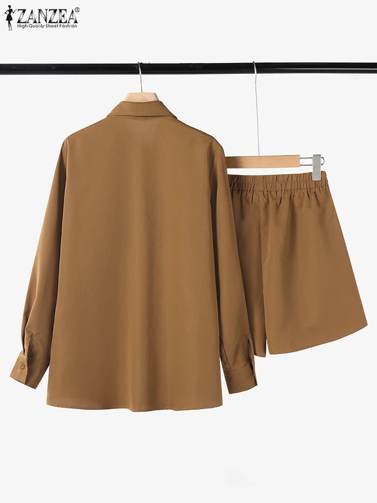 ZANZEA Casual 2025 Primavera Verano 2 uds conjuntos cortos pantalones cortos de cintura elástica para mujer camisas largas de manga larga trajes de 2 piezas de Color sólido