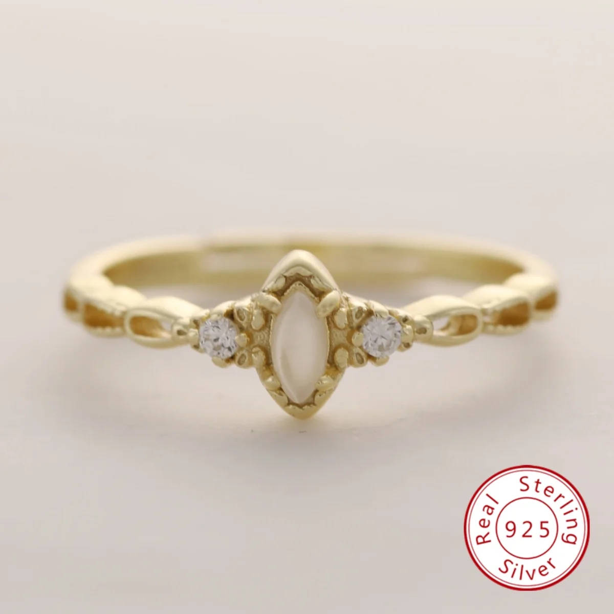 

Real S925 Sterling Silver 14K Gold Plated Synthetic Opal Open Ring for Women Daily Wear Vintage Fine Jewelry