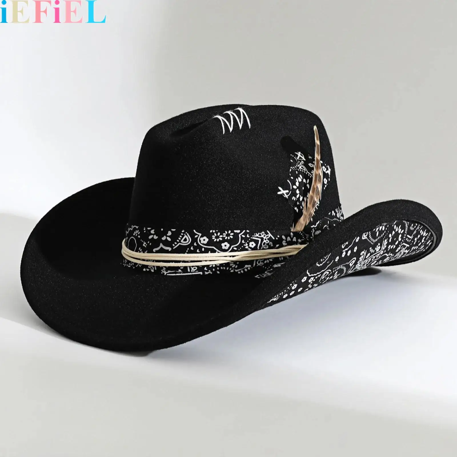 

1Pcs Women Men Felt Panama Hat Vintage Western Cowboy Hat Wide Brim Fedora Hats Dress Up Feather Decor