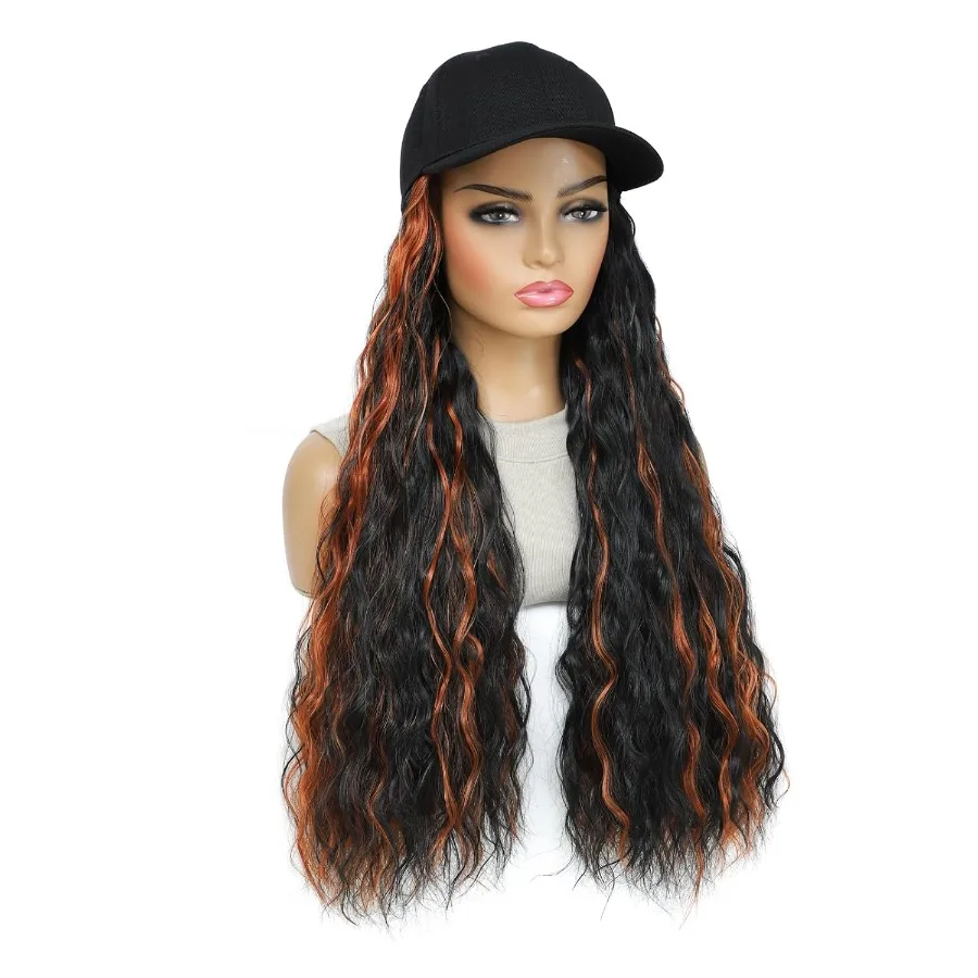 قبعة بيسبول باروكات مع وصلات شعر مموجة للجسم مرفقة للنساء تصفيفة شعر صناعية مجعدة مقاومة للحرارة قابلة للتعديل #5
