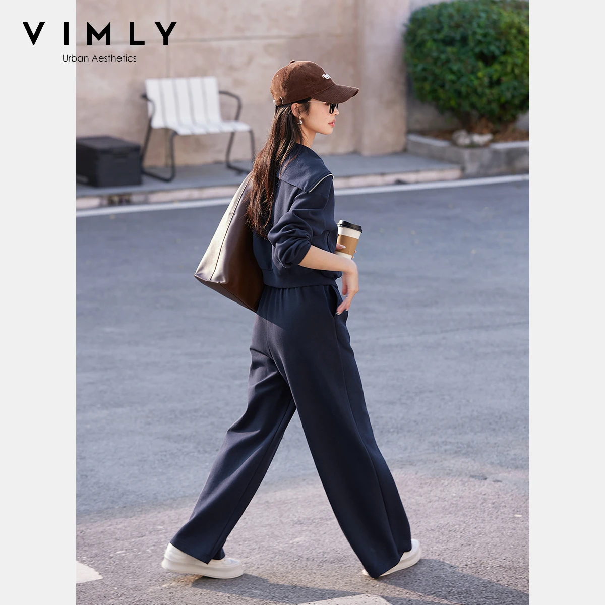 

VIMLY Navy Collar Sweater Set Women's 2025 Spring New Casual Jacket Wide-leg Pants Two-piece Set A0659