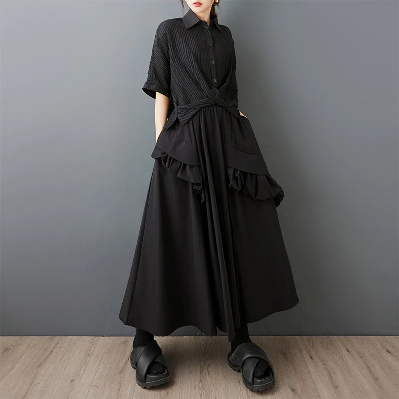 

Темная полуюбка в стиле Ямамото, ниша, лоскутная длинная юбка с карманами и высокой талией, утягивающая большая распашная юбка