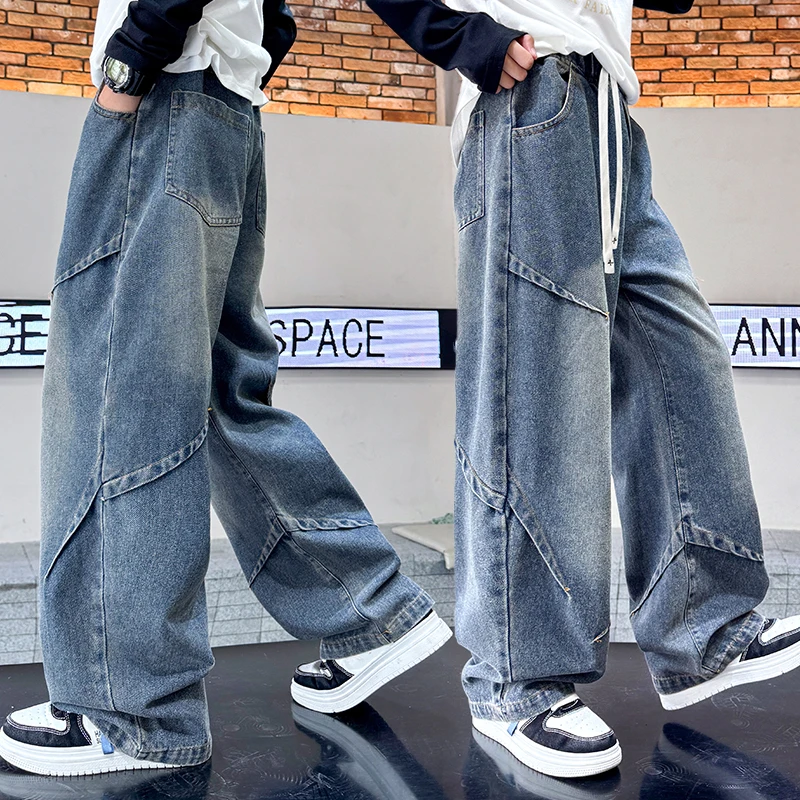 

New Kids Designer Fashion Straight Jeans For Teens Boy Stylish Drawstring Denim Pants Tweens Child Luxury Casual Jeans Trousers