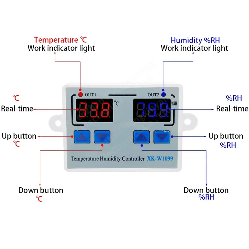 W1099 Dual Display Digital Temperature Humidity Controller DC 12V 24V AC 110-220V Thermostat Humidistate Regulator Incubator