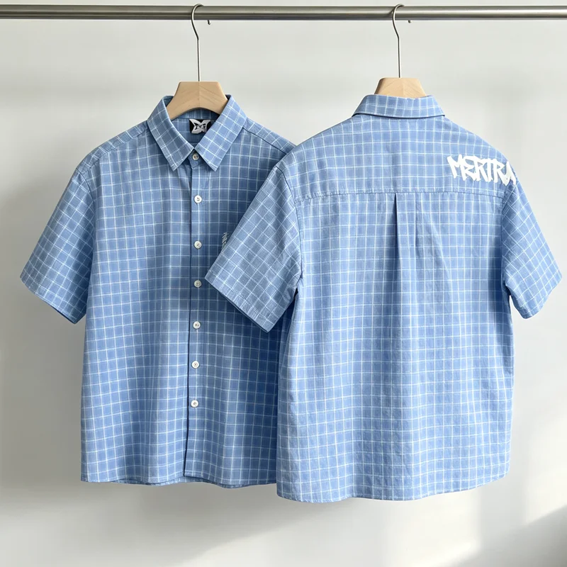 New Bestselling Trend Translated Checkered Mertra Shirt Summer Comfort Letter Printed Button T-shirt Top