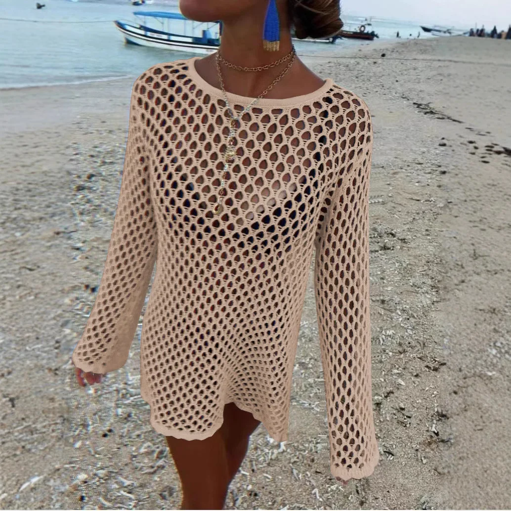 女性カバーアップ中空かぎ針編みカバーアップ水着ノースリーブビキニドレススモックスプリットセクシーなビーチニットウェア固体水着