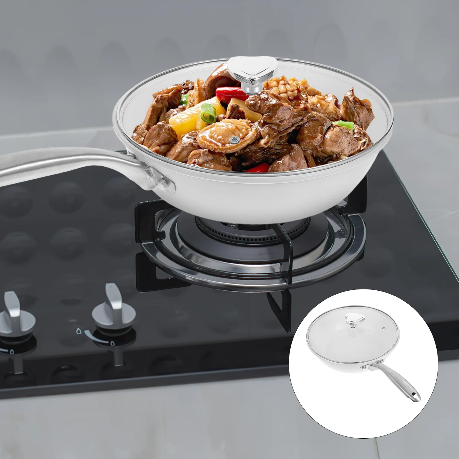 

Small Ceramic Non-Stick Wok Pan Flat Bottom Gas Cooker Cooking Pan Kitchen Use Thick Bottom Heat Retention Kitchenware Lid
