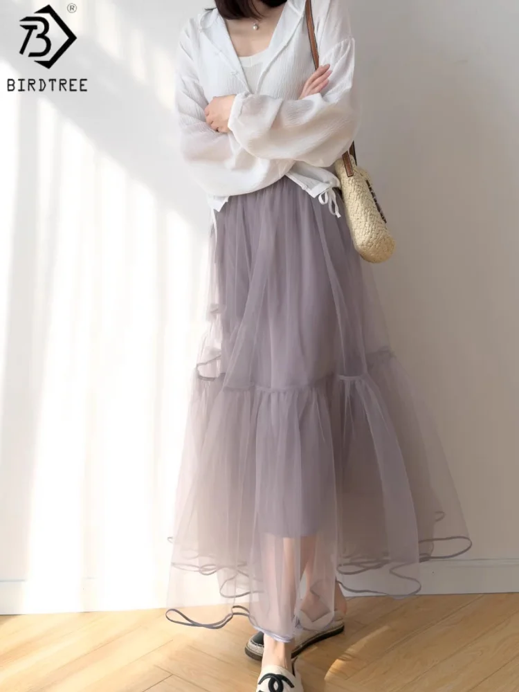 

Birdtree, Lining 100% Real Silk Chiffon Skirt, Women Double Layer Elegant Solid Skirts, Elastic Waist, 2026 Spring New D63130JF