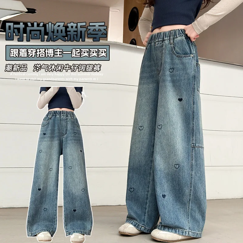 Teen Girls Jeans Love Embroidery Tween Kids Trousers Autumn New Girl Denim Wide Leg Pants 4-14 Years Children Clothes