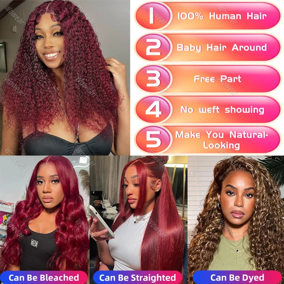 Red Color Deep Wave Burgundy Curly wigs 200 Density 13x4 HD Transparent Lace Front Human 100% Natural Brazilian Hair Frontal Wig