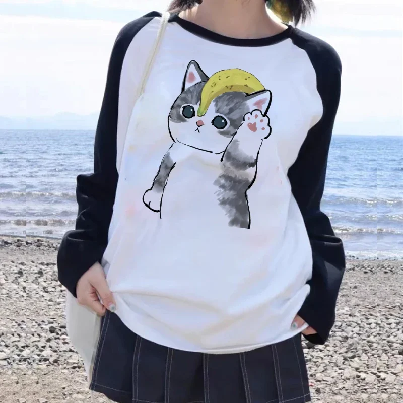 90s Y2k T-shirt Long Sleeve Funny Cute Cat Shirt Women Cartoon T Shirt Harajuku Graphic Ulzzang Tshirt Aesthetic Top Tee Female