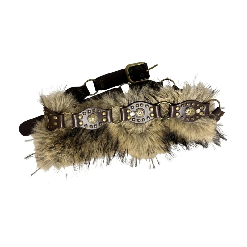 R1we Punk Rock Faux Tox Tiver With Plux Furry Accent Decorative Strap Band Café / Black Edgy 90s Fashion Bijoux