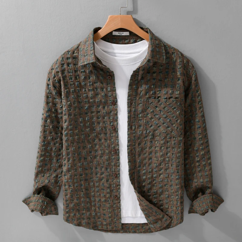 

Новинка 2026, весенняя мужская рубашка с длинными рукавами «гусиные лапки», модная текстура пузыря, удобная и универсальная литературная молодежная рубашка