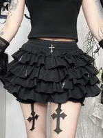 Women Skirts Tiered Ruffles Mini Skirt with Cross Charms Built-in Shorts Kawaii Sukapan Skort Gothic Punk Coquette Y2K E-girl - Image 6