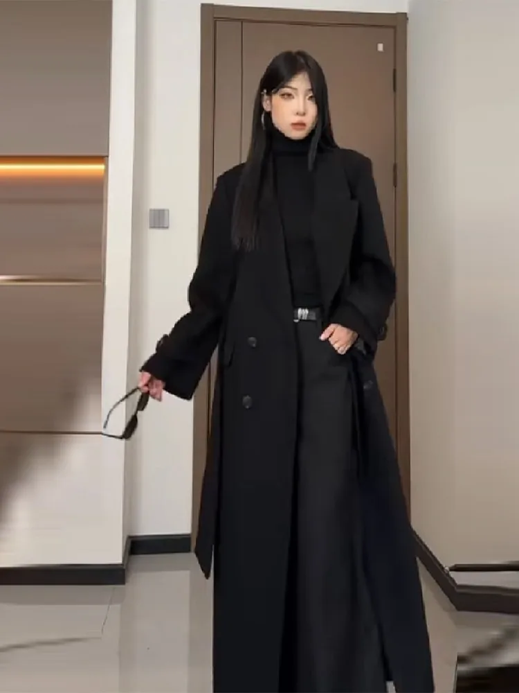 

Autumn Winter Elegant Vintage Long Jacket Wool Blend Lapel Coat Double Button Full Sleeve Overcoat 2025 New Female Outwears
