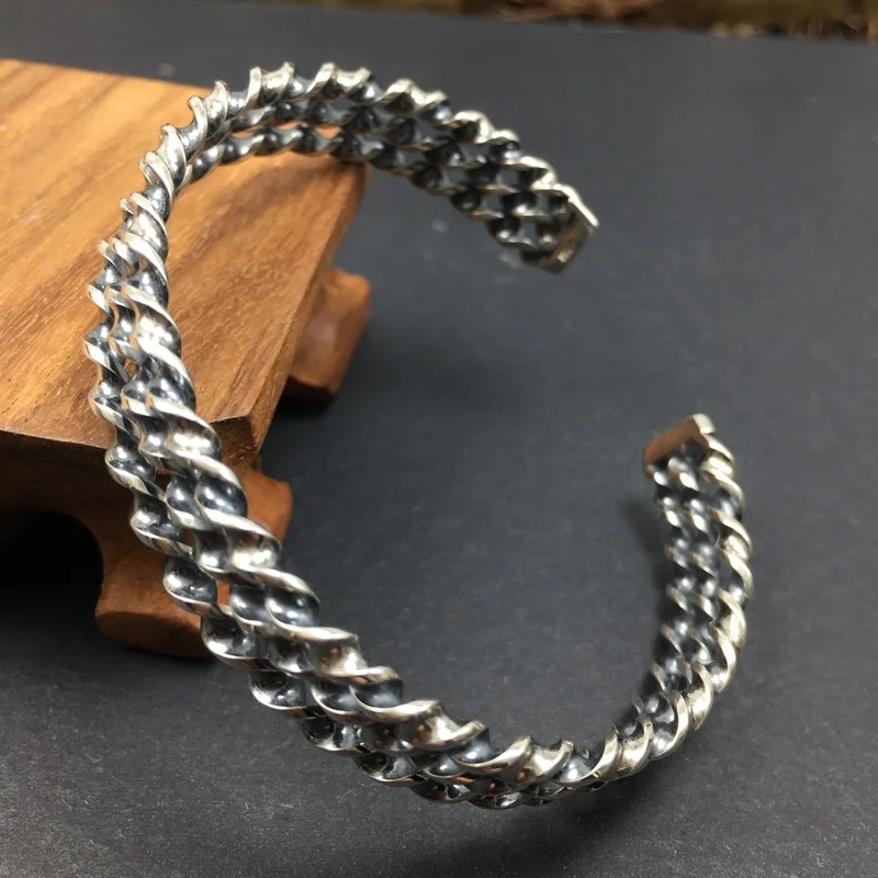 S925 Sterling Silver Bracelet , Vintage Ethnic Style, Hand-Woven Open Design Men'S Accessory