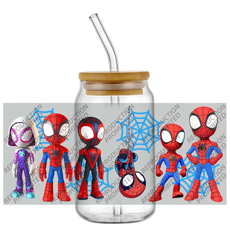 Cartoon Spider Hero Friends UV DTF Cup Wrap Stickers Waterproof No Heat Transfer for 16oz Libbey Glass Can DIY Tumbler Decal
