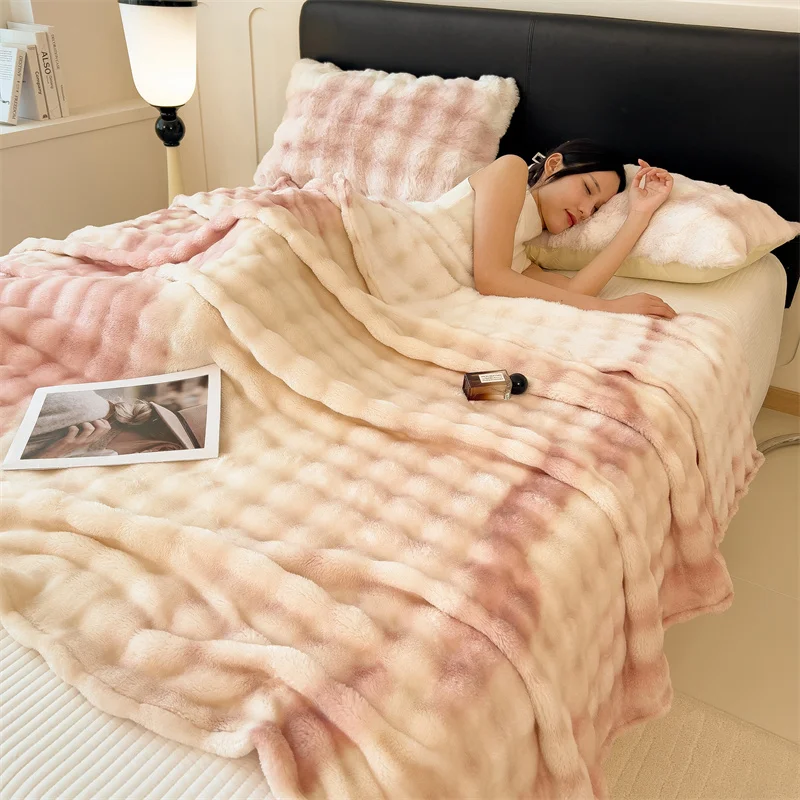 Fluffy Blanket for Beds Rabbit Plush Plaids for Sofa Warm Thow Blanket Gradient Color Blanket for Winter Queen/King Blankets