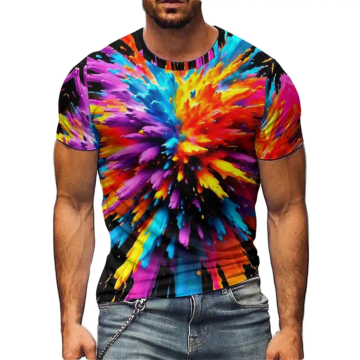 2025 Summer Men's Colorful and Dynamic 3D Printed Short Sleeved T-shirt, Gym Exercise, Running, Lightweight Design, Perfect Choi