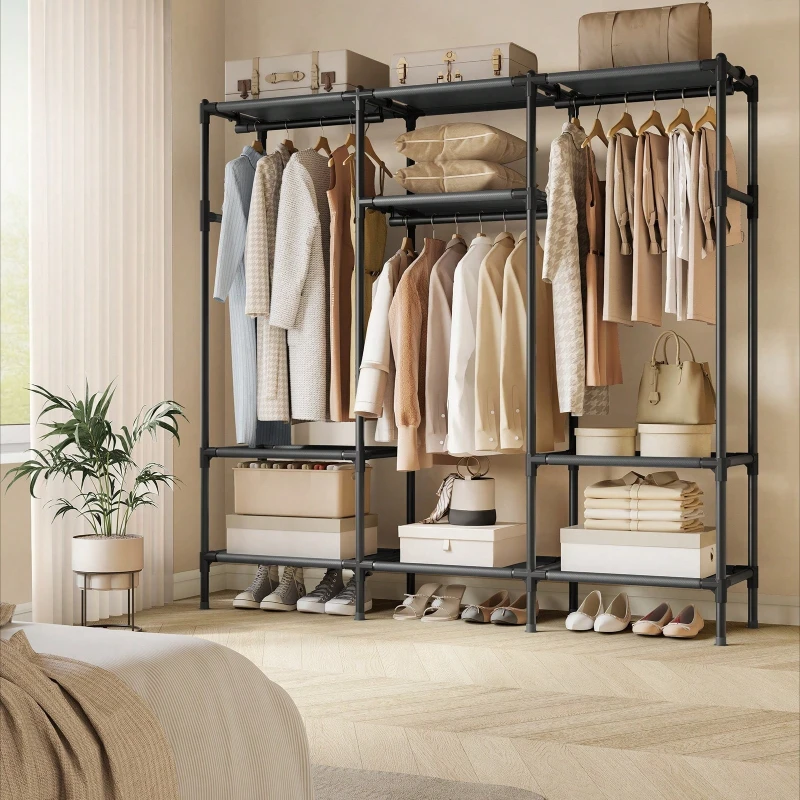 Heavy Duty Clothes Rack with Hanging Rod & Shelves, 74.8" Portable Wardrobe Organizer, 330 Lb Capacity, Easy Assembly for Bedroom Cloakroom, Black
