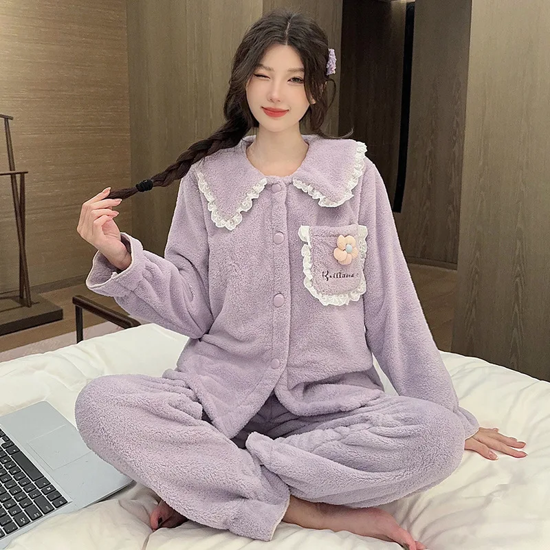 

Women's pajamas autumn winter Comfortable Sleepwear fleece-lined thicken Cotton Pajama Set long sleeves keep warm homewear suit