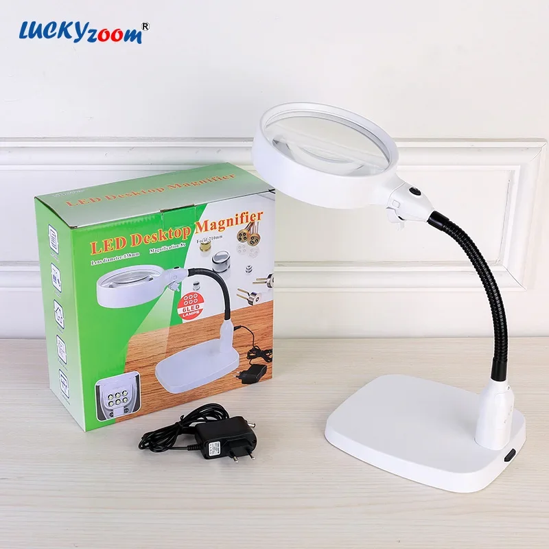 Large 6 Led 10X Magnifier Table Lamp 110-240V Illuminated Magnifying Glass Heavy Base Repair Jewelry Loupe Stable Reading Lupa