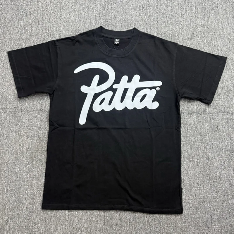 Multi Color Handwritten Letter Graphic PATTA T-Shirts Loose Crew Neck Drop Shoulder Men Fashion Patta Short Sleeve Tees