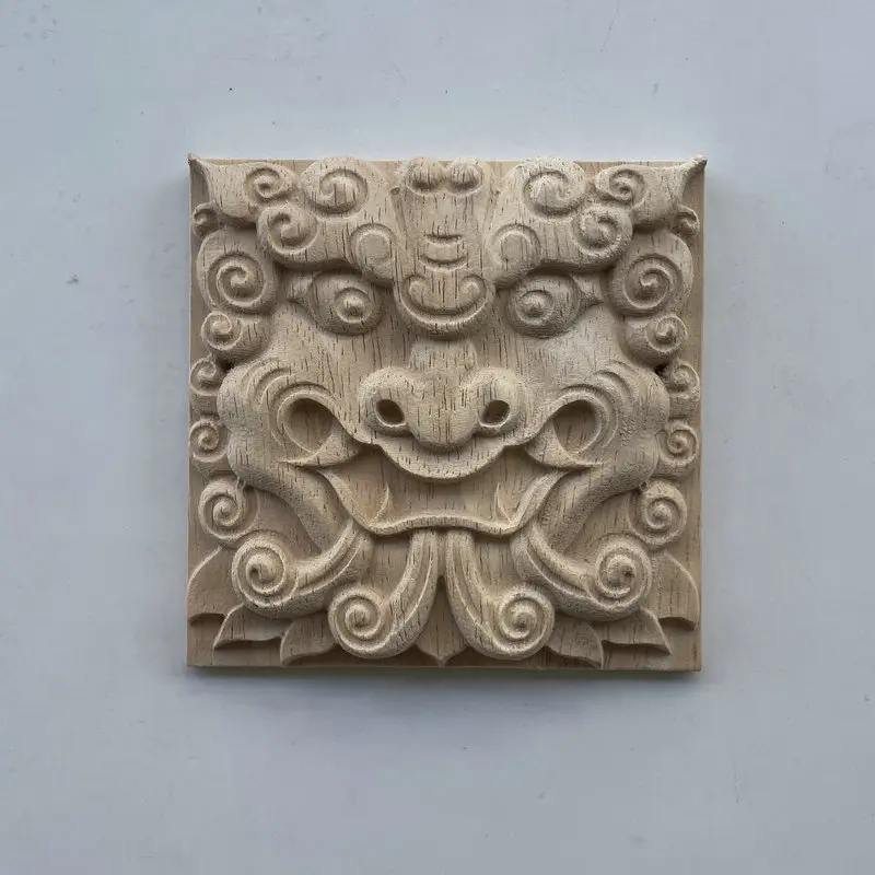 Unpainted Carved Exquisite Square Wooden CarvedAppliques Home Decoration Wood Applique Wood Decal Craft