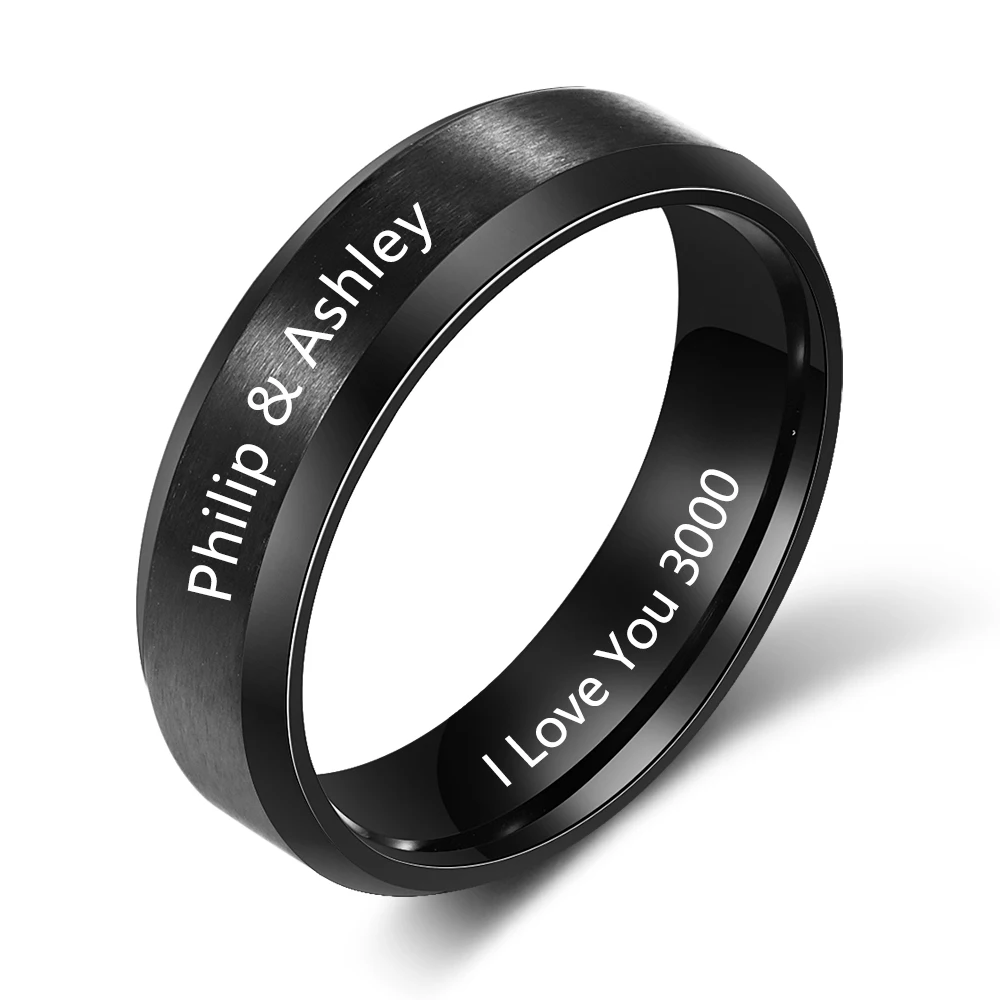 

Personalized Engraving Name Couple Rings for Lovers Black Gun Color Stainless Steel Customized Engagement Rings for Men Women