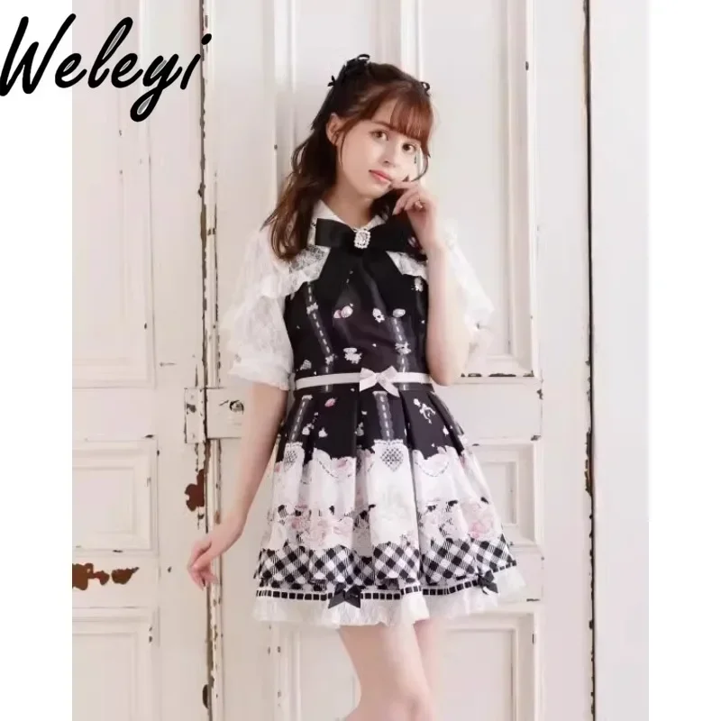 Womens Japanese Sweet Lolita Dresses Suit Summer Doll Collar Mass Produced Mine Dessert Picnic Printed Plaid Kleid Two Piece Set