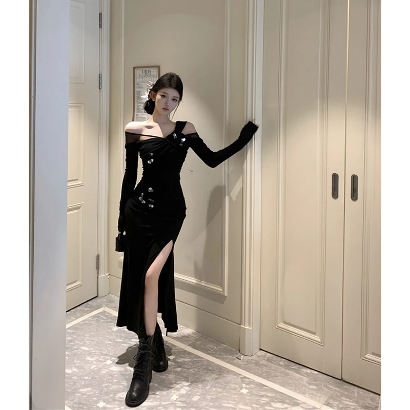 MEXZT Vintage Black Knitted Midi Dress Women Party Prom Sexy Slash Neck Slit Dresses Winter Elegant Korean Bodycon Chic Vestidos