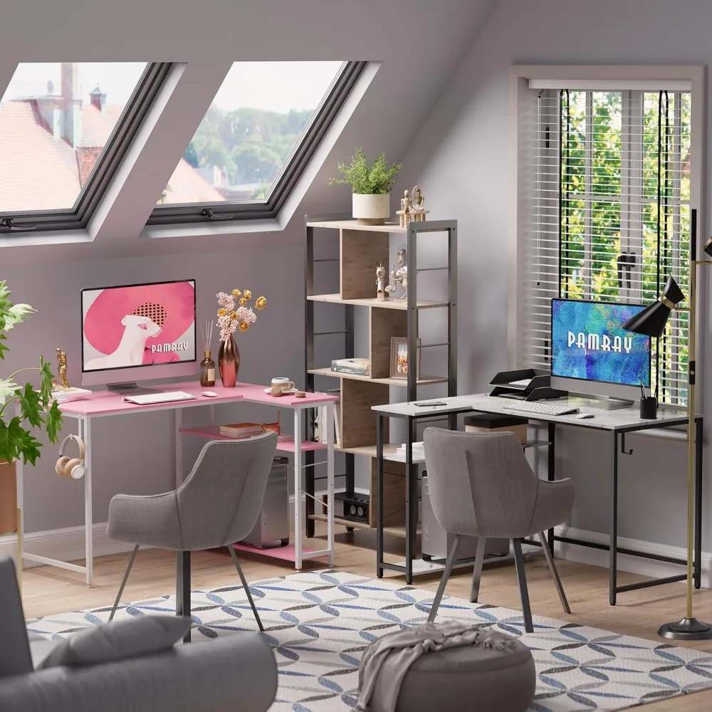 L-Shaped 43 Inch Computer Desk with Reversible Side Storage Shelves for Small Space Home Office Writing and Organization