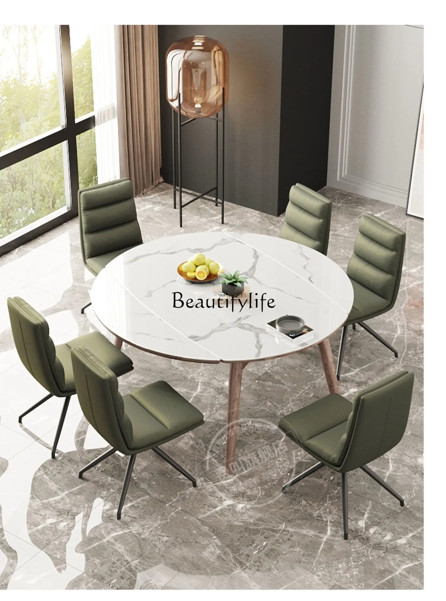 Nordic solid wood rock slab dining table modern simple retractable folding walnut small apartment round table