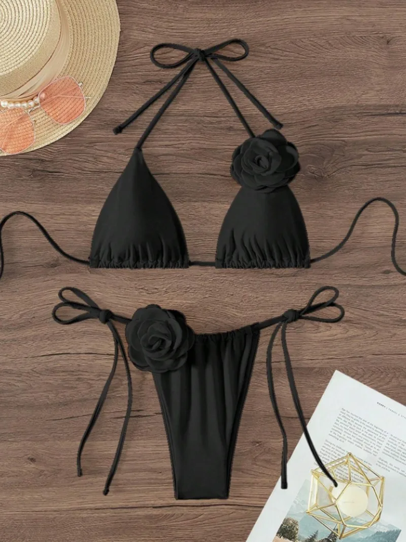 مثير 3D الزهور الرسن Strappy بيكيني النساء ملابس السباحة الإناث قطعتين مجموعة البكيني الاستحمام ثوب السباحة السباحة